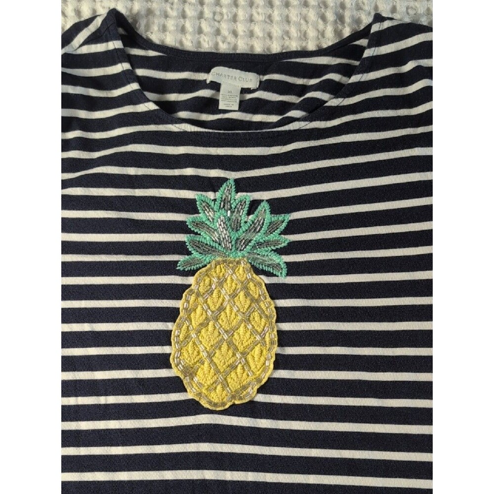 Charter Club 100% Cotton Mavy & White Striped Tee with Pineapple Patch Size XL - Picture 9 of 9